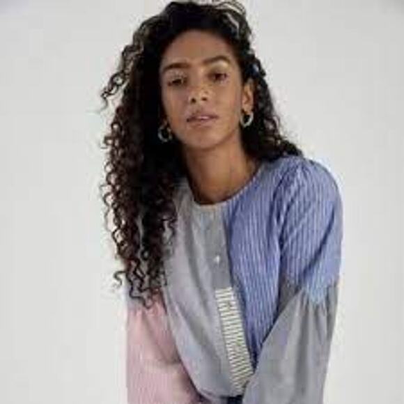 Anthropologie Amadi Small Blue Pink Carice Button Down Striped Patchwork Blouse - Picture 12 of 13